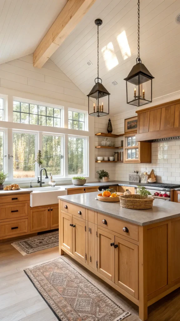 "Sunlit modern farmhouse kitchen with honey-finished maple cabinets, butcher block island, farmhouse sink under a large window, white subway tile backsplash, vintage copper pendants, with accents of jute, woven baskets, fresh herbs and terracotta pots."