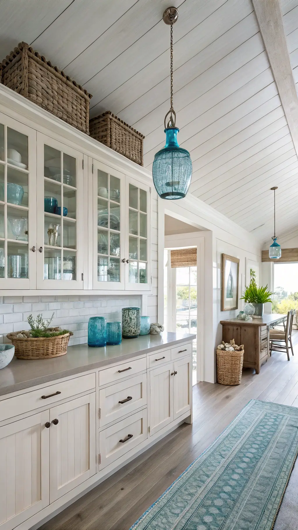 Bright and spacious coastal casual kitchen with white-washed oak cabinets, blue glass pendant lights, and natural light from bay window, accented with seagrass baskets, blue-white ceramics, and driftwood.