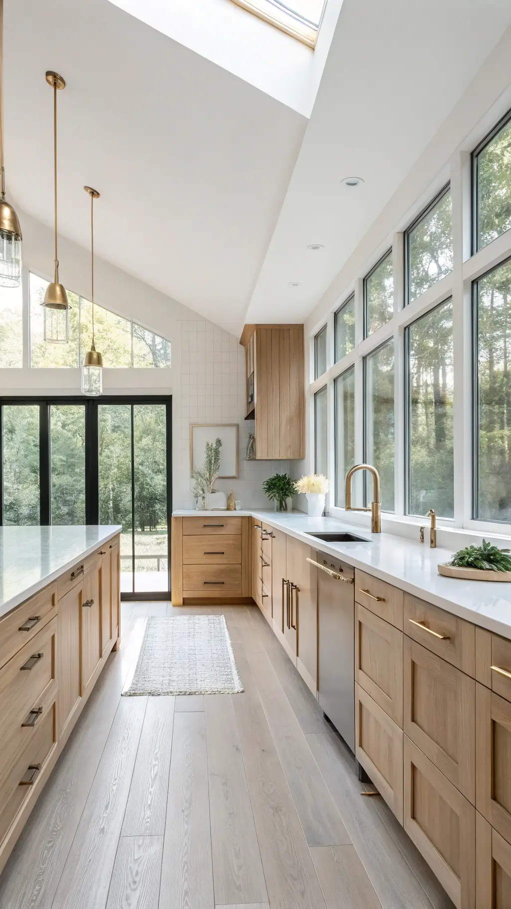 Bright, airy Scandinavian kitchen with blonde wood cabinets, floor-to-ceiling windows, brushed brass pulls, linear pendant lights, and styled with white ceramics, pale woods and textural linens.