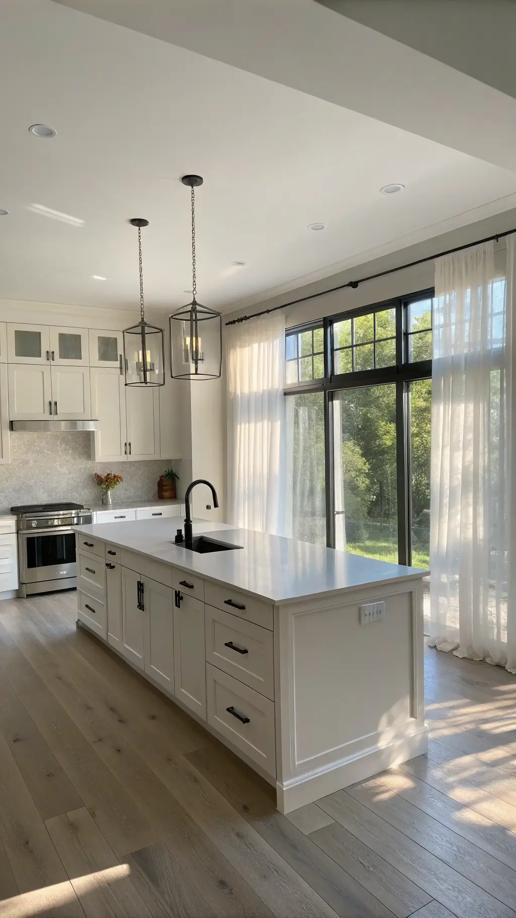 Bright, airy modern minimalist kitchen with cream shaker-style cabinets, matte black hardware, a sleek white quartz island, stainless steel appliances and light oak flooring, bathed in early morning sunlight filtering through sheer linen curtains.
