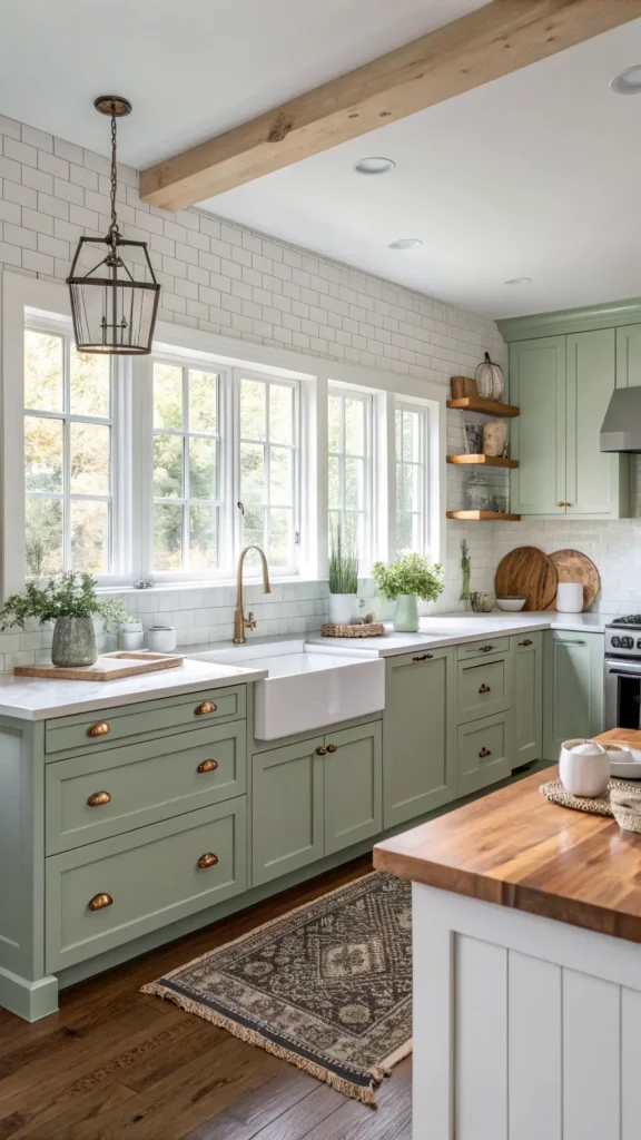 "Bright modern farmhouse kitchen with sage green cabinets, white quartz countertops, and large central island under morning light"