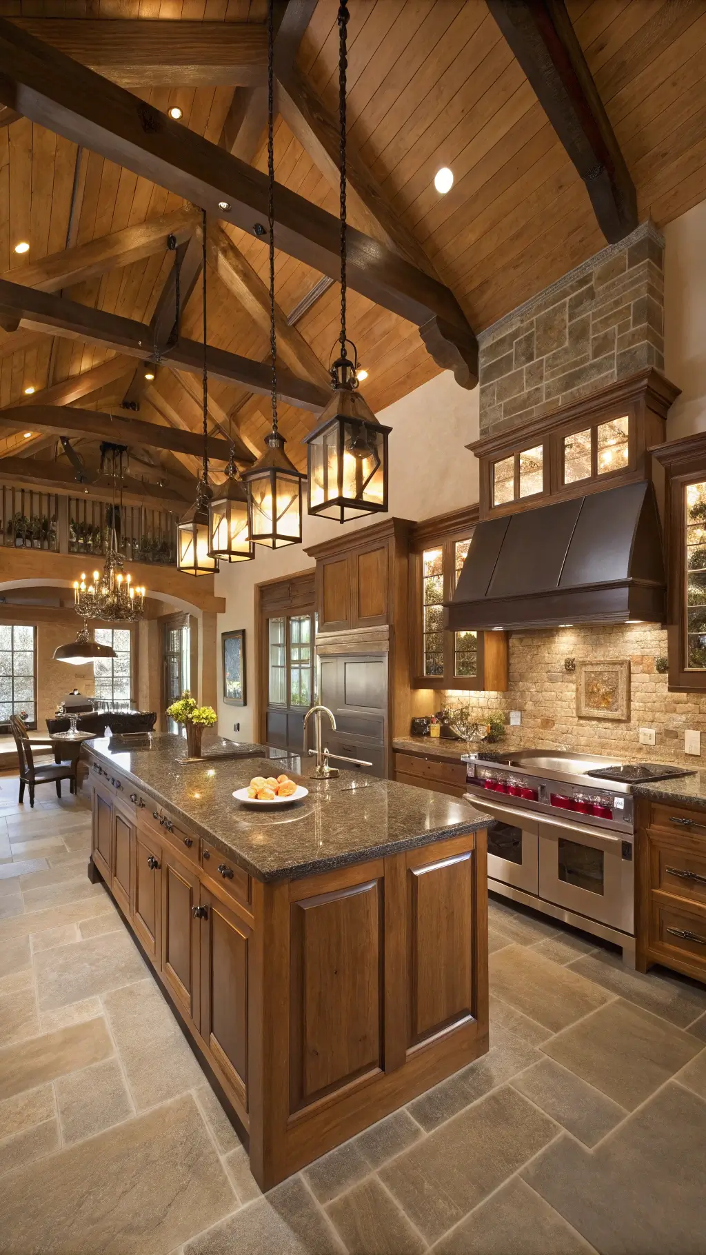 Large spacious grand chef's kitchen with oak cabinets, professional stainless appliances, pendant lighting over island, granite countertops, wooden ceiling beams, and display cabinets.
