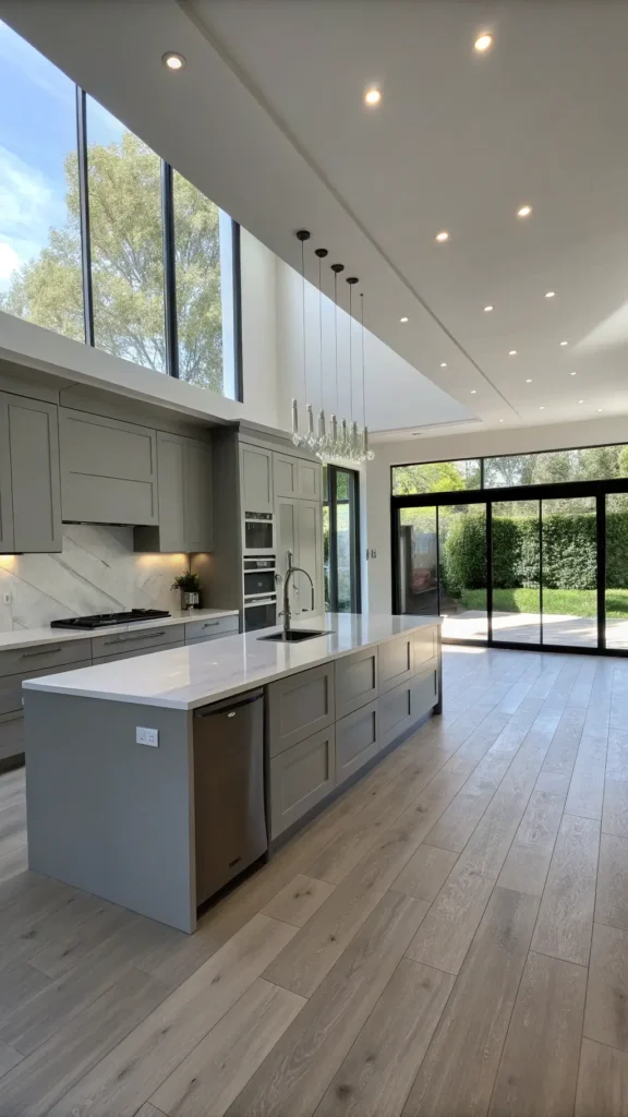 "Spacious minimalist kitchen with high-gloss light grey cabinets, waterfall quartz island, matte black appliances, and white oak flooring, lit by morning sun through floor-to-ceiling windows and recessed LEDs"