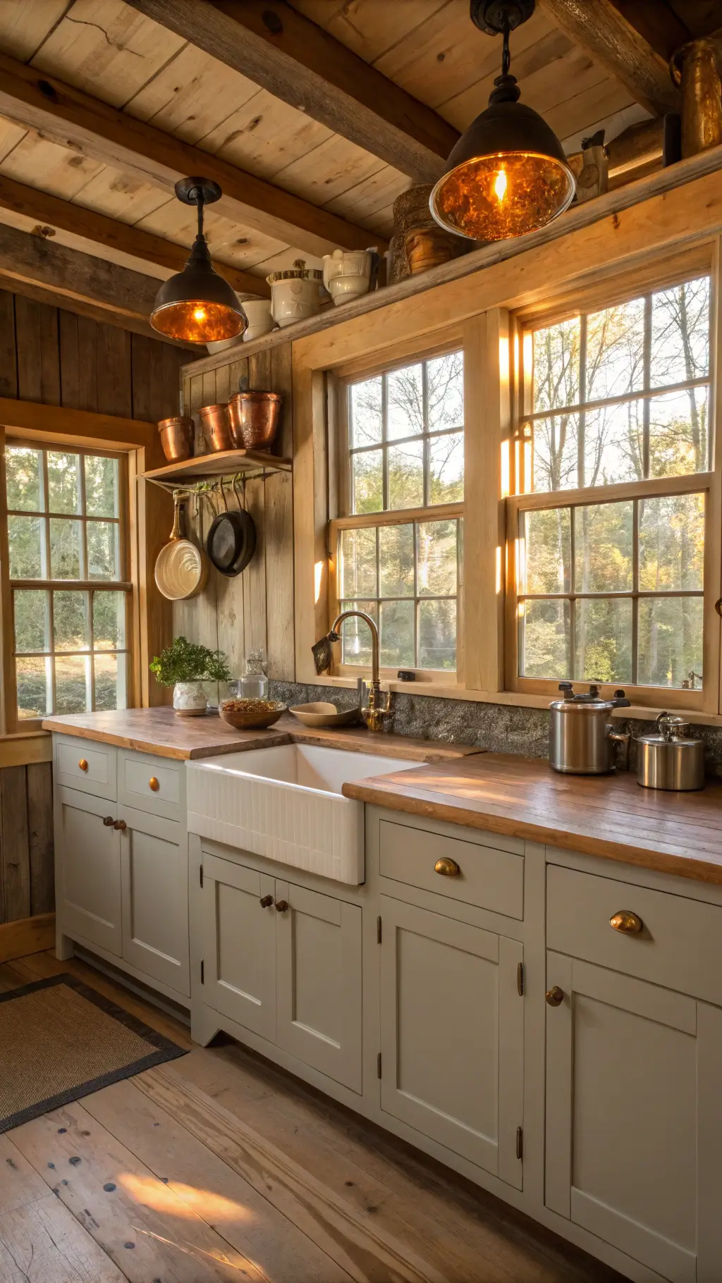 A cozy 12x18ft rustic farmhouse kitchen featuring exposed wooden beams, light grey Shaker-style cabinets with antique brass cup pulls, mullioned windows with late afternoon golden light, a farmhouse sink, a butcher block island, cream ceramic backsplash, and hanging vintage copper pots. The welcoming and comfortable scene is shot from waist height, highlighting its nostalgic, lived-in warmth, under natural and pendant lighting.