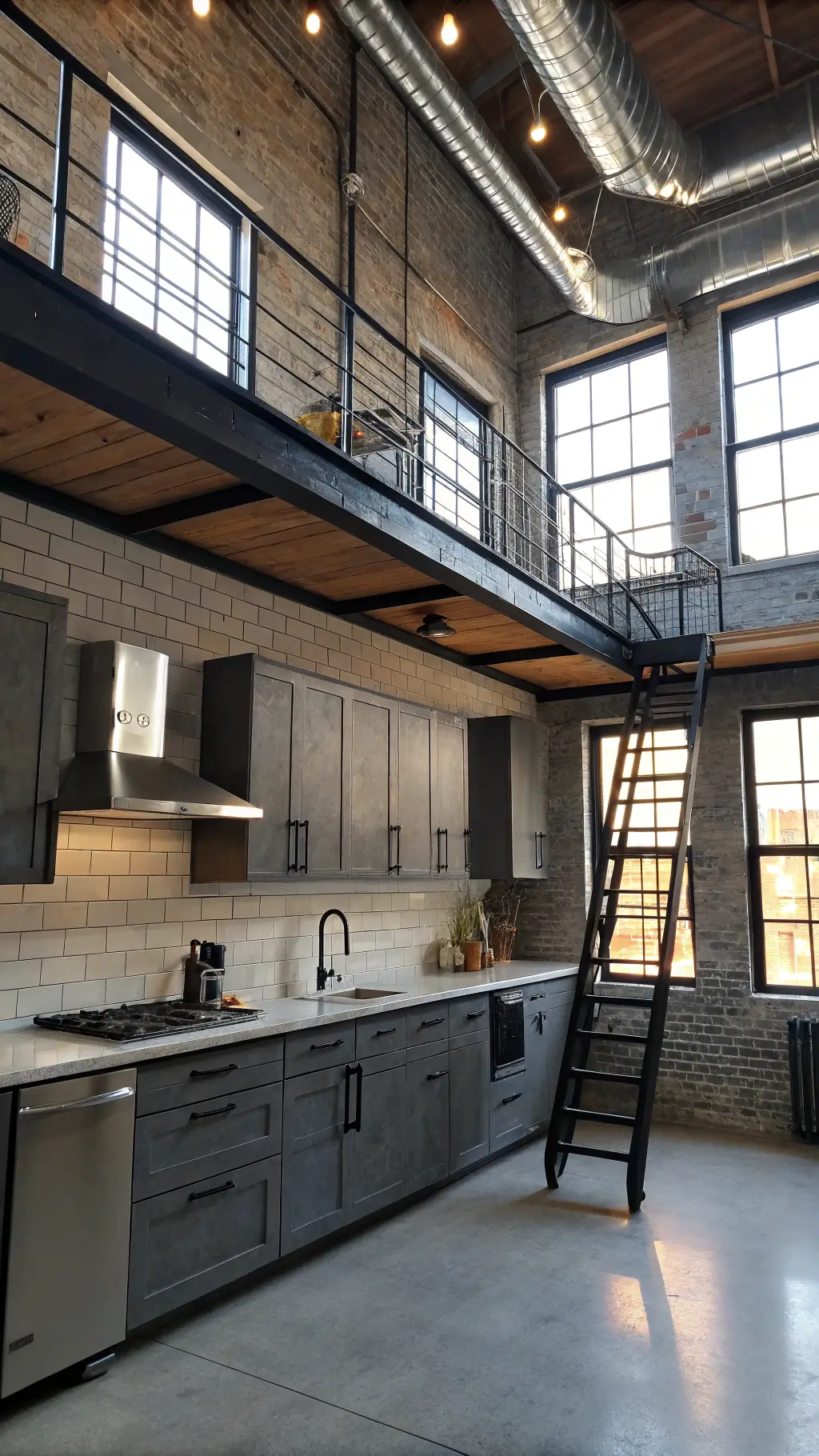 Sophisticated industrial chic loft kitchen with exposed ductwork, stainless steel appliances, zinc countertops, subway tile walls, concrete-grey cabinets with black metal handles, and a rolling ladder for upper storage, bathed in afternoon urban light through large factory windows.