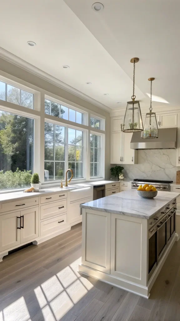 "Spacious modern kitchen with off-white shaker cabinets, stainless steel appliances, marble waterfall island, brass pendant trio lighting, matte black hardware, and white oak flooring with potted herbs, a ceramic bowl of lemons and linen tea towels as styling features."