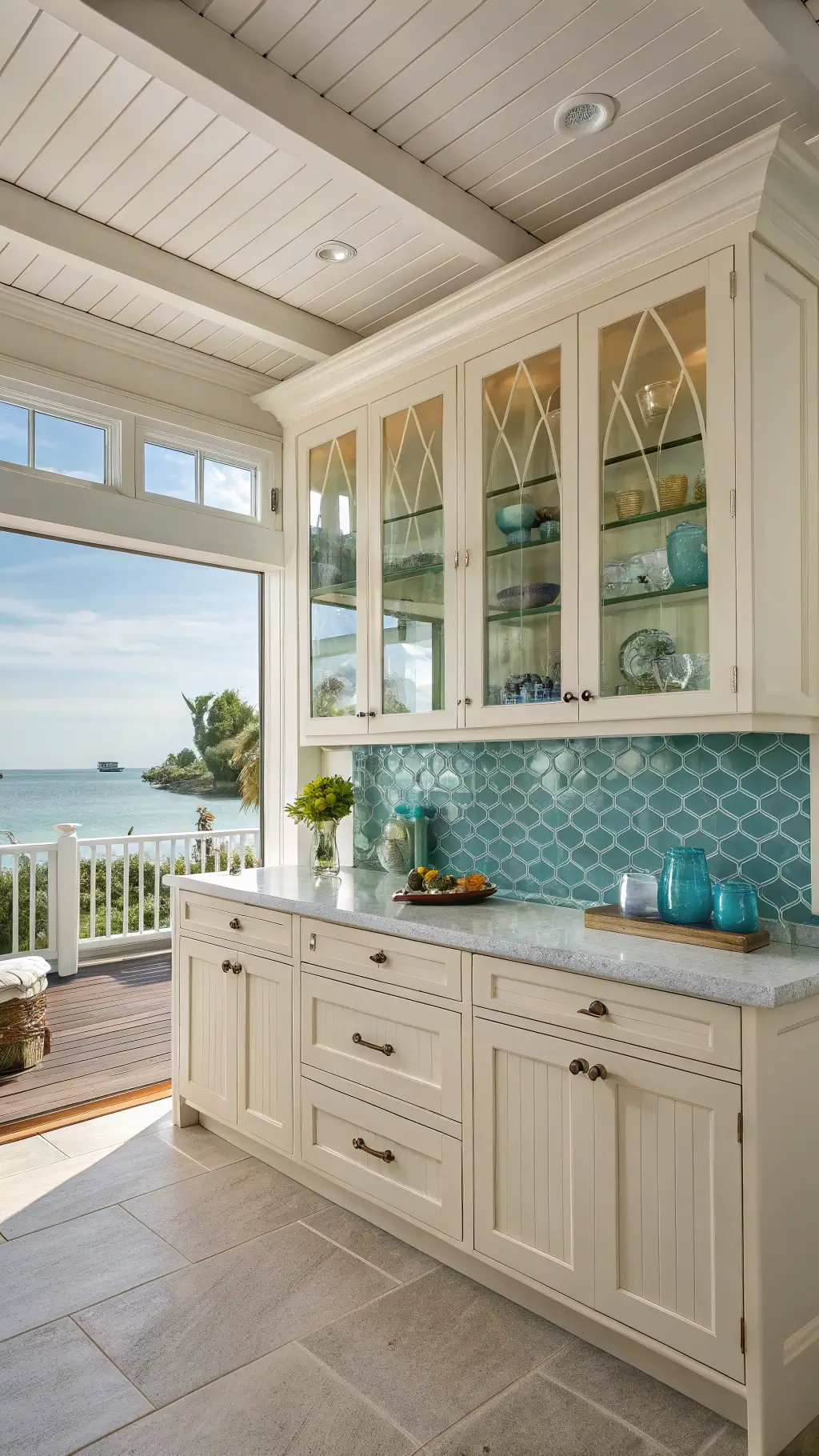 Bright, beach-themed kitchen featuring off-white cabinets with rope handles, blue glass tile backsplash, and white shiplap ceiling detail, styled with coral pieces, blue glassware, and coastal botanicals in a sunny afternoon setting.