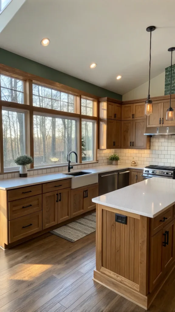 "Spacious kitchen with honey oak cabinets, white quartz countertops, navy island and stainless steel appliances, bathed in warm morning light from east-facing windows with details highlighted by golden sunbeams and soft overhead LEDs."