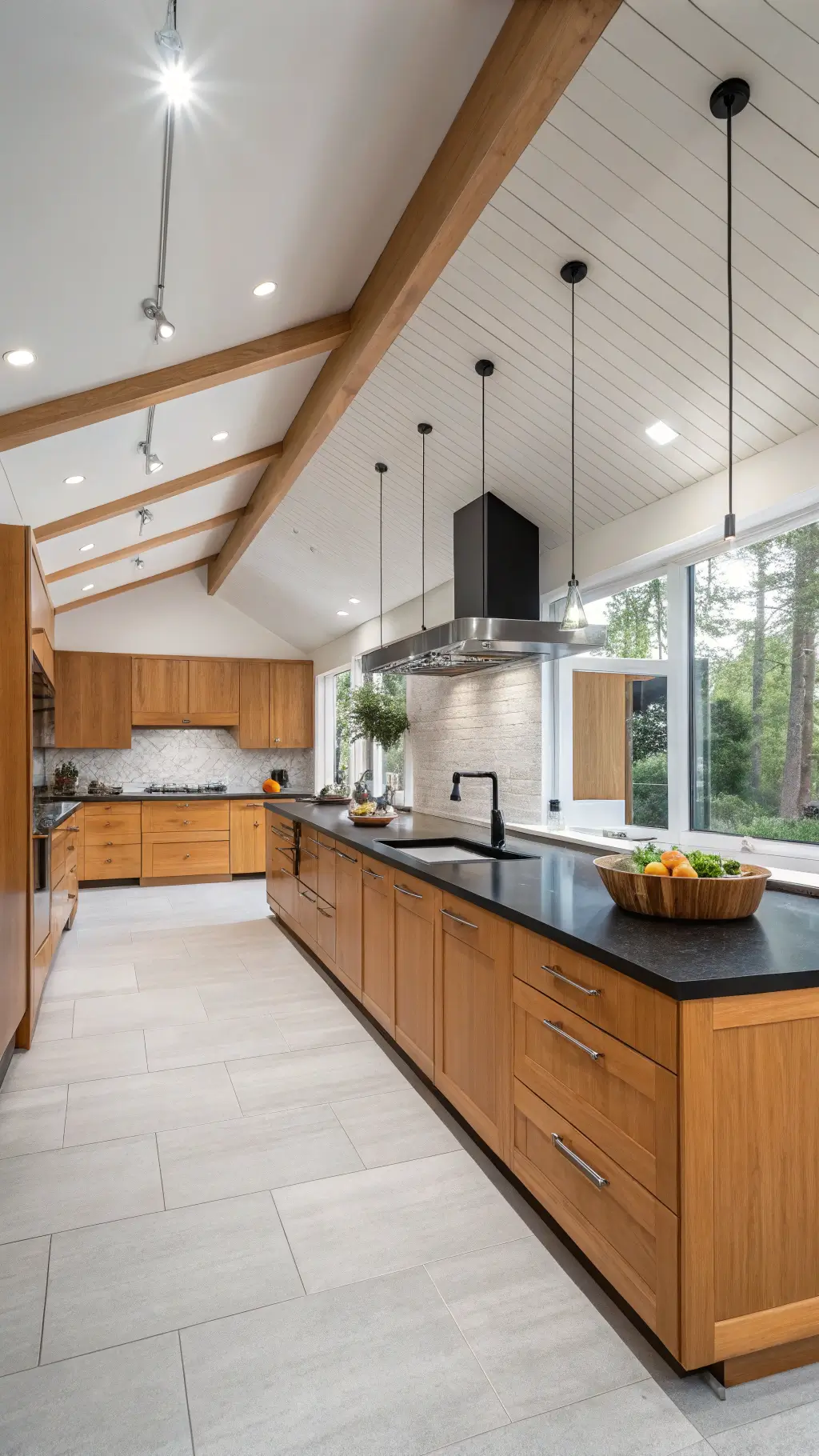 Open-concept kitchen with vaulted ceiling, honey oak cabinets, black granite countertops, white porcelain tile backsplash, and modern track lighting.