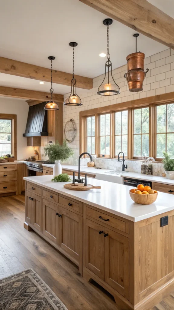 "East-facing kitchen with warm sunlight highlighting grain patterns of knotty hickory Shaker-style cabinets, a central island with white quartz countertop, matte black handles, hanging copper pots, and decor elements like white ceramic canisters and a bowl of fresh herbs."