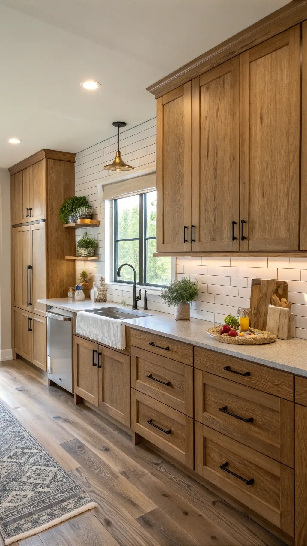 Modern farmhouse kitchen with high hickory cabinets, full-height pantry units, white subway tile backsplash, weathered oak floors, and a warm, soft backlight, styled with artisanal pottery, fresh greenery, and wooden cutting boards.
