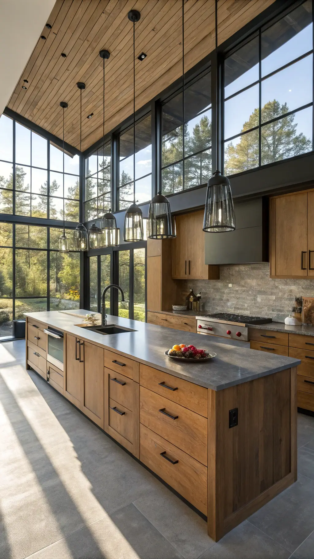 Contemporary open-concept kitchen with tawny hickory cabinets, black hardware, steel-framed windows casting afternoon shadows, L-shaped layout with a waterfall island, minimalist pendant lights, concrete countertops and stylish decorations in amber, charcoal and brushed steel colors.