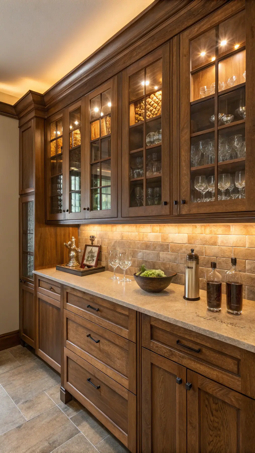 Butler's pantry with hickory cabinets, LED lighting, vintage glassware, wine storage, copper barware, and artisanal ceramics in honey to chocolate wood tones, aged copper, and clear glass.