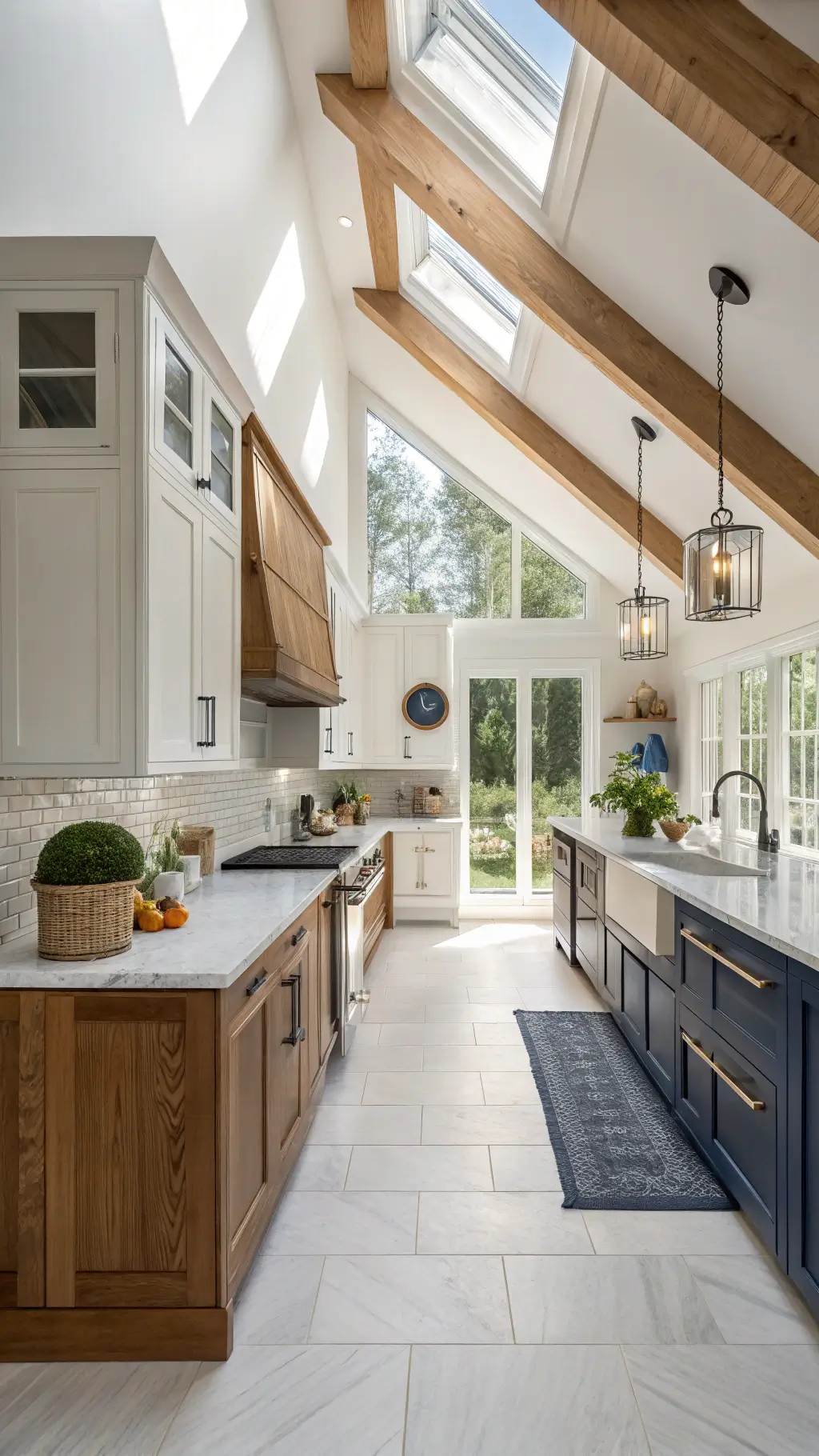 Bright and spacious 16x20ft kitchen with cathedral ceiling, mixed hickory and painted cabinets, skylights, white marble counters, stainless appliances, and styled with potted herbs, baskets, and vintage lighting fixtures; color scheme of natural wood, crisp white, and deep navy.
