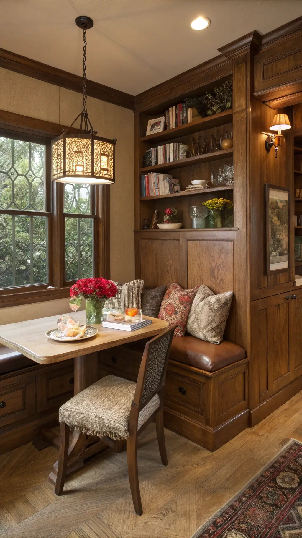 Cozy breakfast nook with hickory cabinets, leather-cushioned bench seating, open shelving with collectibles and cookbooks, under pendant lighting and warm evening ambiance