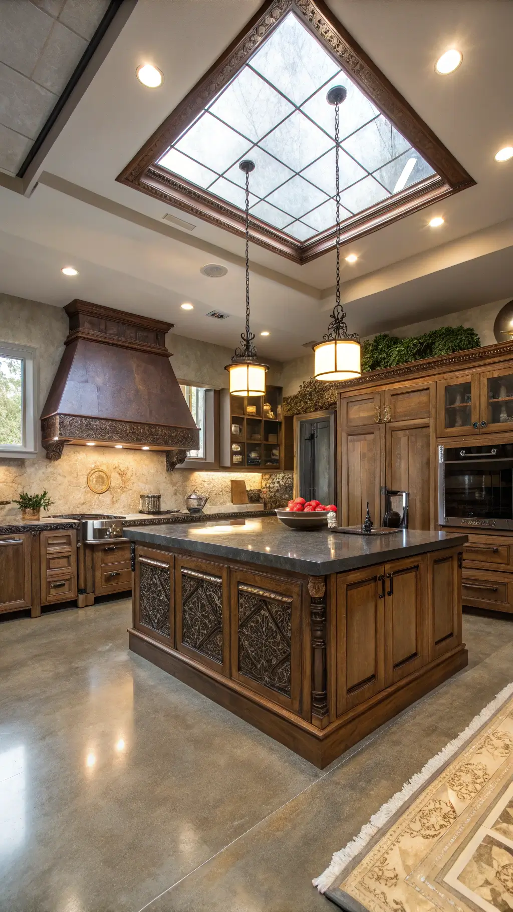 Professional-grade kitchen showcasing hickory cabinets, a central island under a skylight, polished concrete floors, a commercial-style range with copper hood, and vintage cookware and cutting boards in a palette of warm golden woods, industrial metals, and deep charcoal accents.