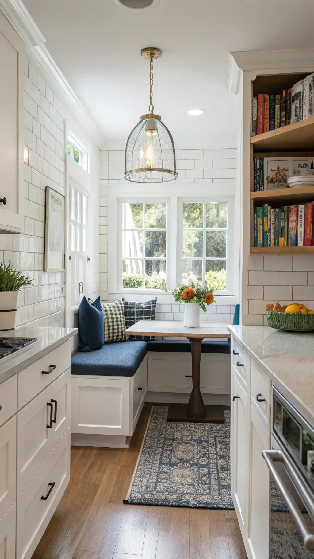 Bright, white KNOXHULT kitchen featuring subway tile backsplash, a compact dining nook with navy cushions, and pendant light centered over the room. Shot highlights ample natural light and styling details like colorful cookbooks and potted herbs.