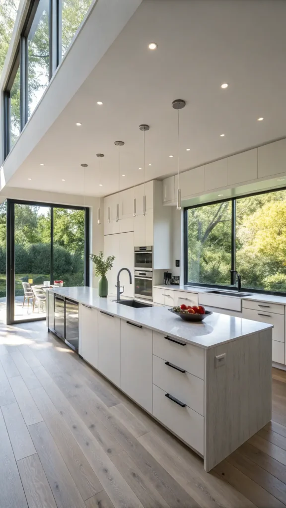 Bright and airy 15x20ft modern kitchen with white maple cabinets, grey quartz island, metallic appliances, eucalyptus in a ceramic vase, and LED under shelf lighting.