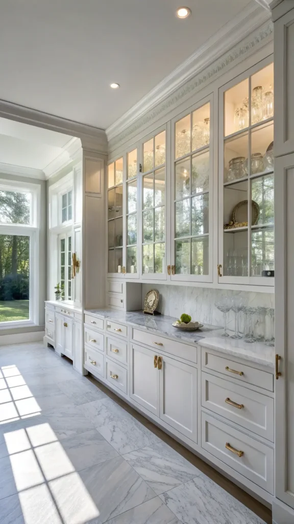 "Elegant modern kitchen with sunlit glass-front white cabinets, marble countertops, and brass hardware, showcasing white porcelain and crystal stemware"