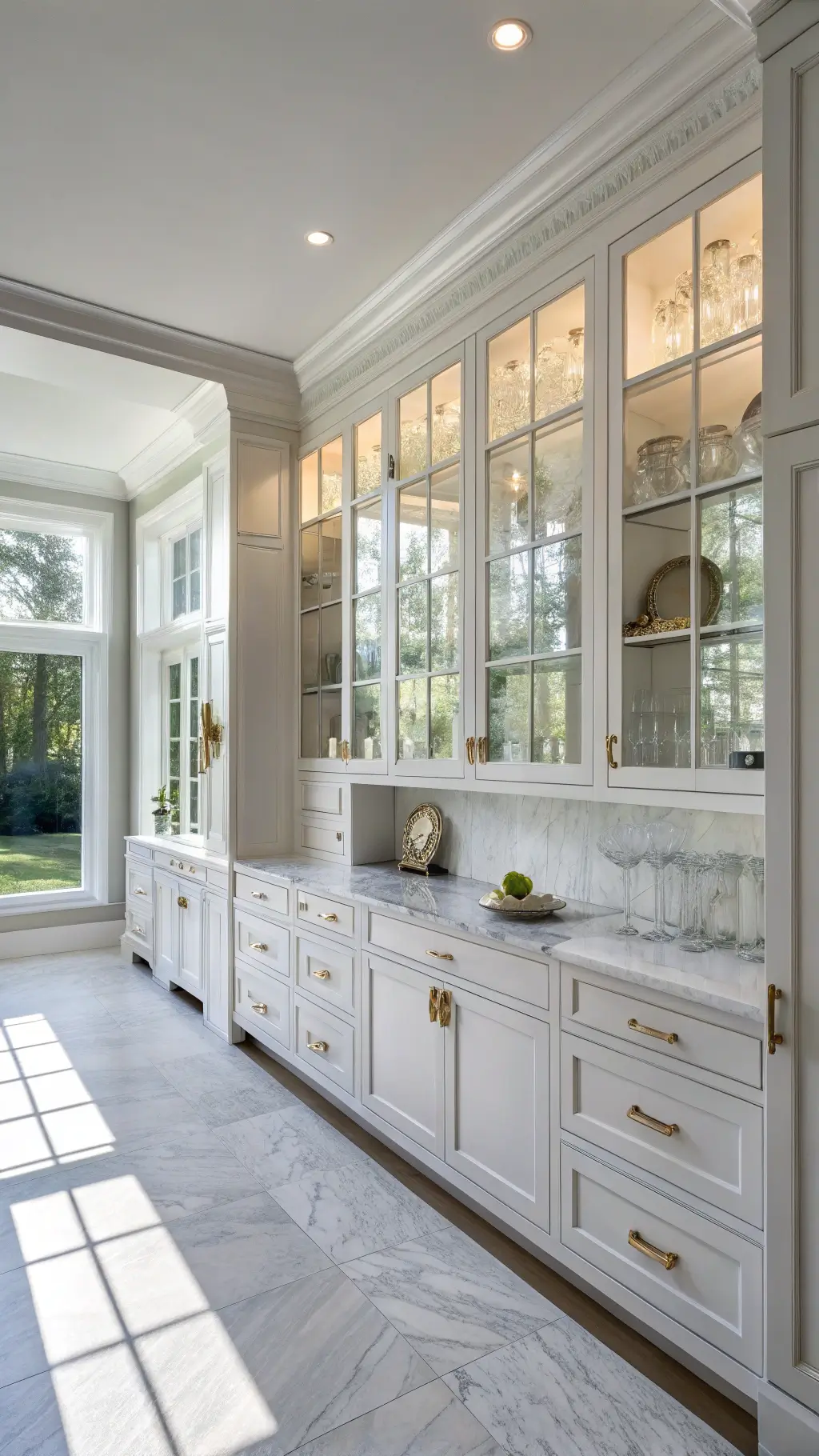 Elegant modern kitchen with sunlit glass-front white cabinets, marble countertops, and brass hardware, showcasing white porcelain and crystal stemware