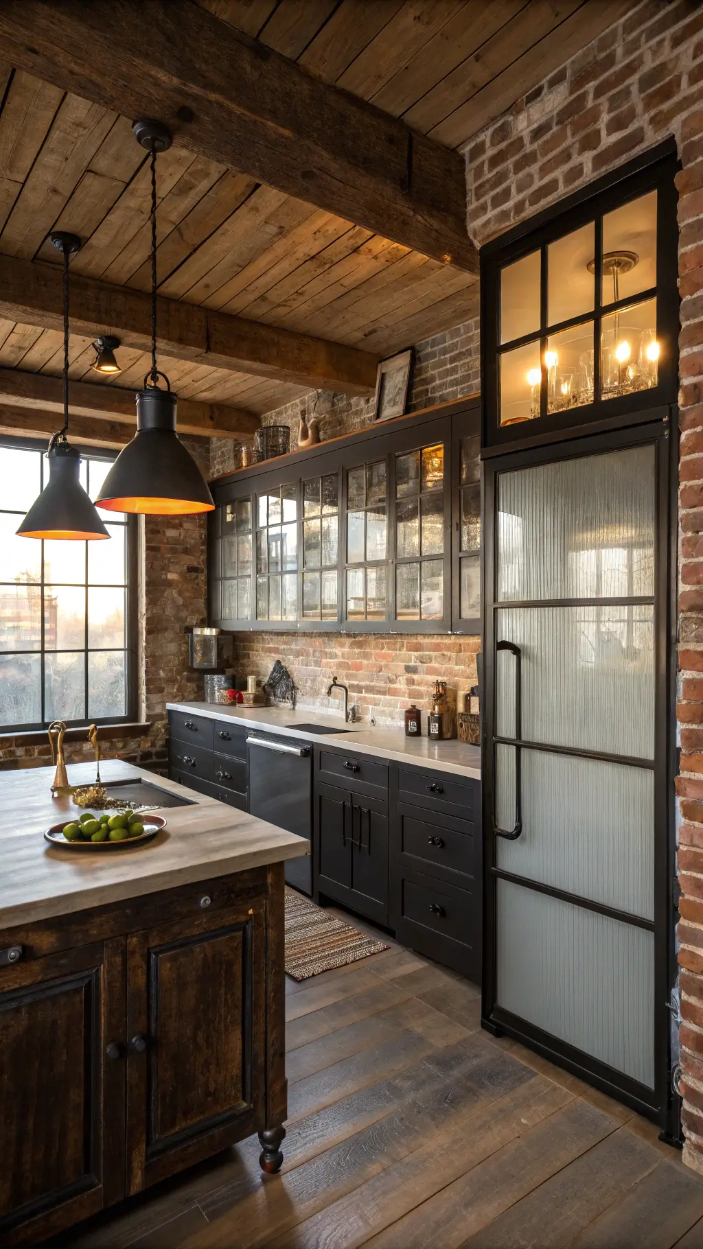 Rustic-industrial kitchen with exposed brick walls, reclaimed wood beams, frosted glass cabinetry, weathered wooden island, and vintage pendant lights, bathed in the soft glow of late afternoon sun.