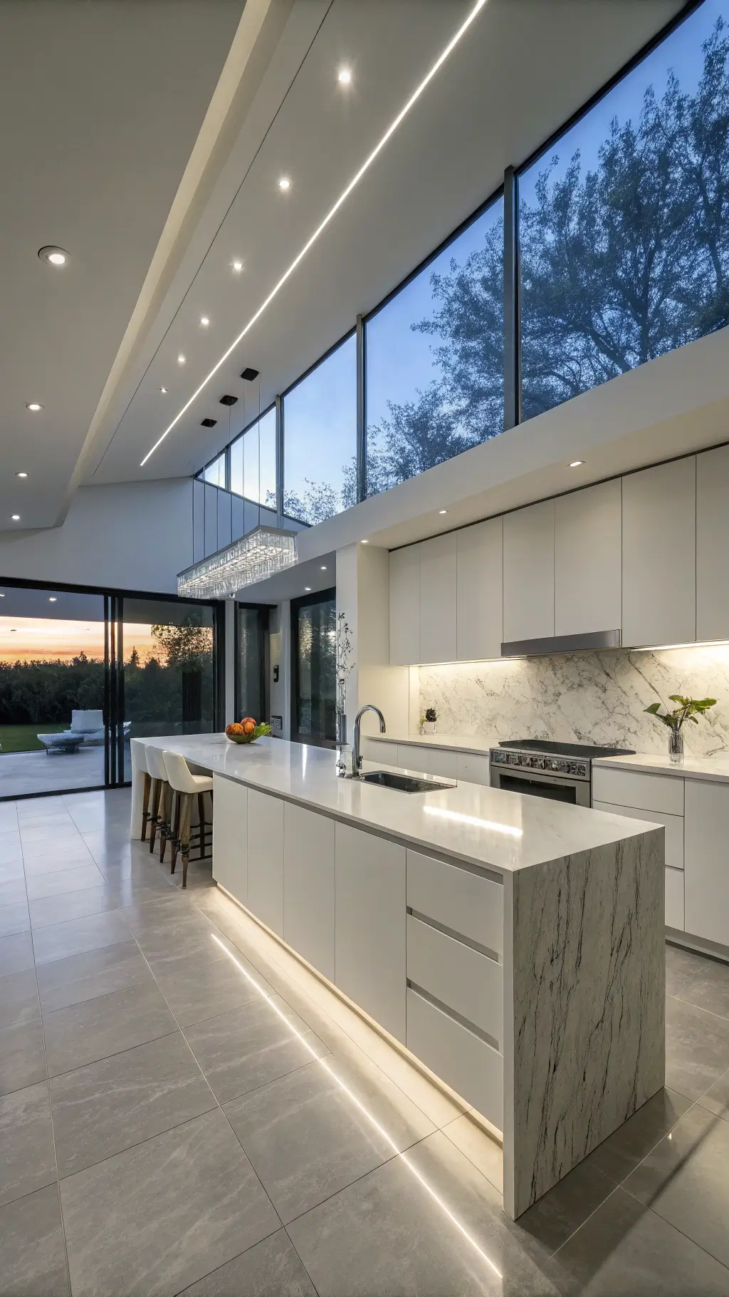 Contemporary minimalist kitchen with glossy floor-to-ceiling cabinets featuring rain-textured glass panels in an open-concept design, underlined by subtle ambient LED lights and pure white quartz countertops and island during blue hour.