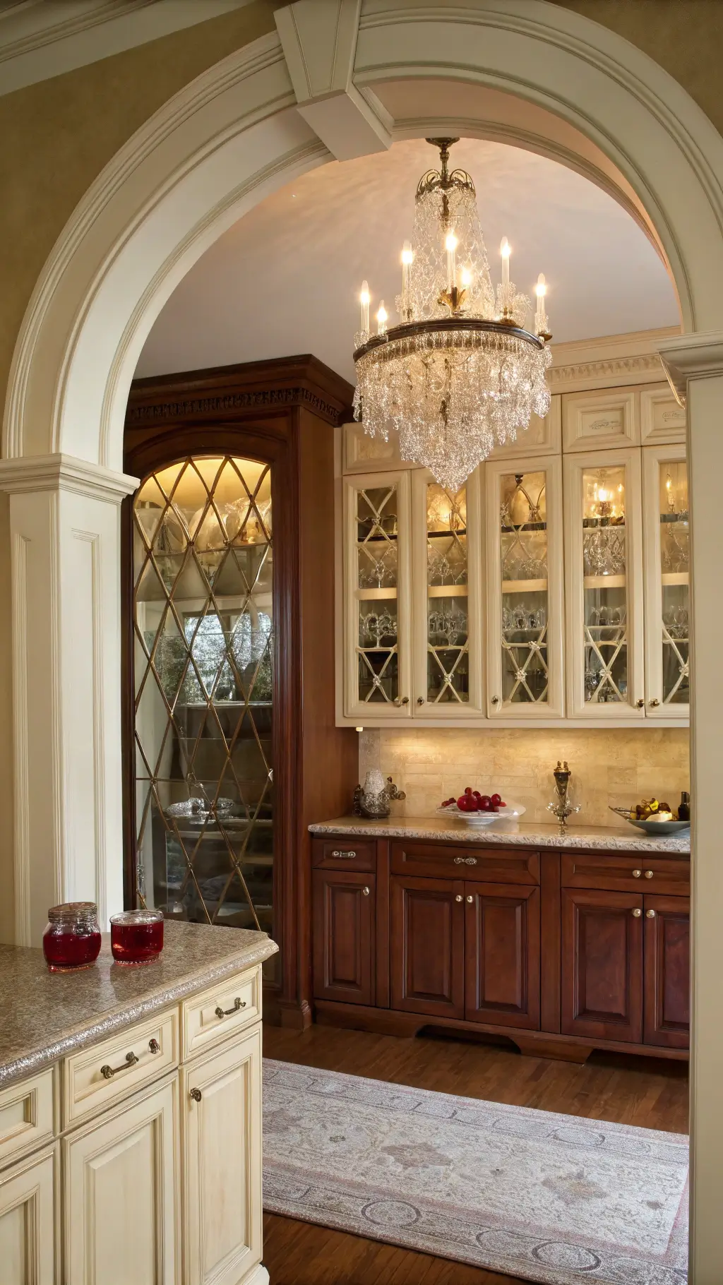 Traditional kitchen featuring diamond-pattern leaded glass door cabinets filled with vintage china, a crystal chandelier, cherry wood lower cabinets and cream upper cabinets, all viewed from the entrance archway.
