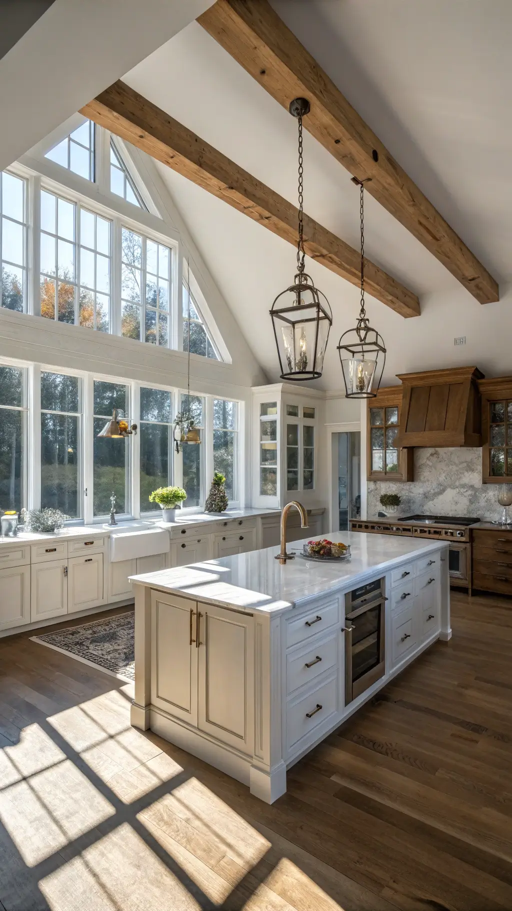 Spacious modern farmhouse kitchen with vaulted ceilings, mixed glass style cabinets, vintage pendant lights over a marble island, accentuated with morning light shadows and a neutral color scheme