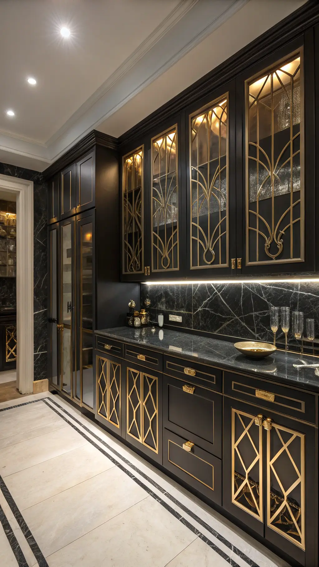 Art Deco-inspired kitchen with black marble countertops, custom-made cabinets with geometric glass inserts highlighted by uplighting, and bold black and gold color scheme with crystal accents under controlled artificial lighting.