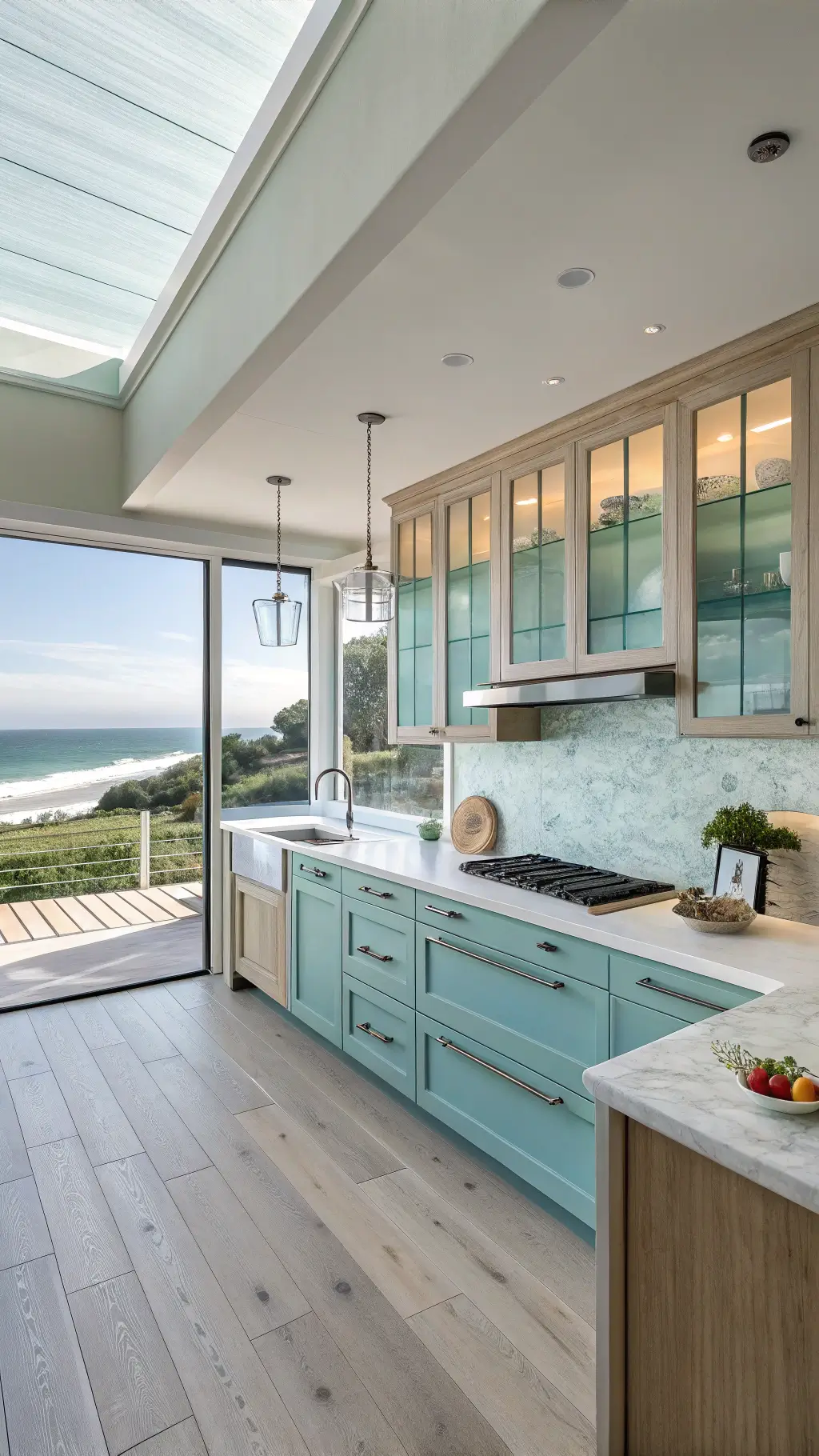 Light-filled contemporary coastal kitchen featuring sea glass cabinet fronts, white oak flooring, sandy stone counters, and ocean views captured from a diagonal angle