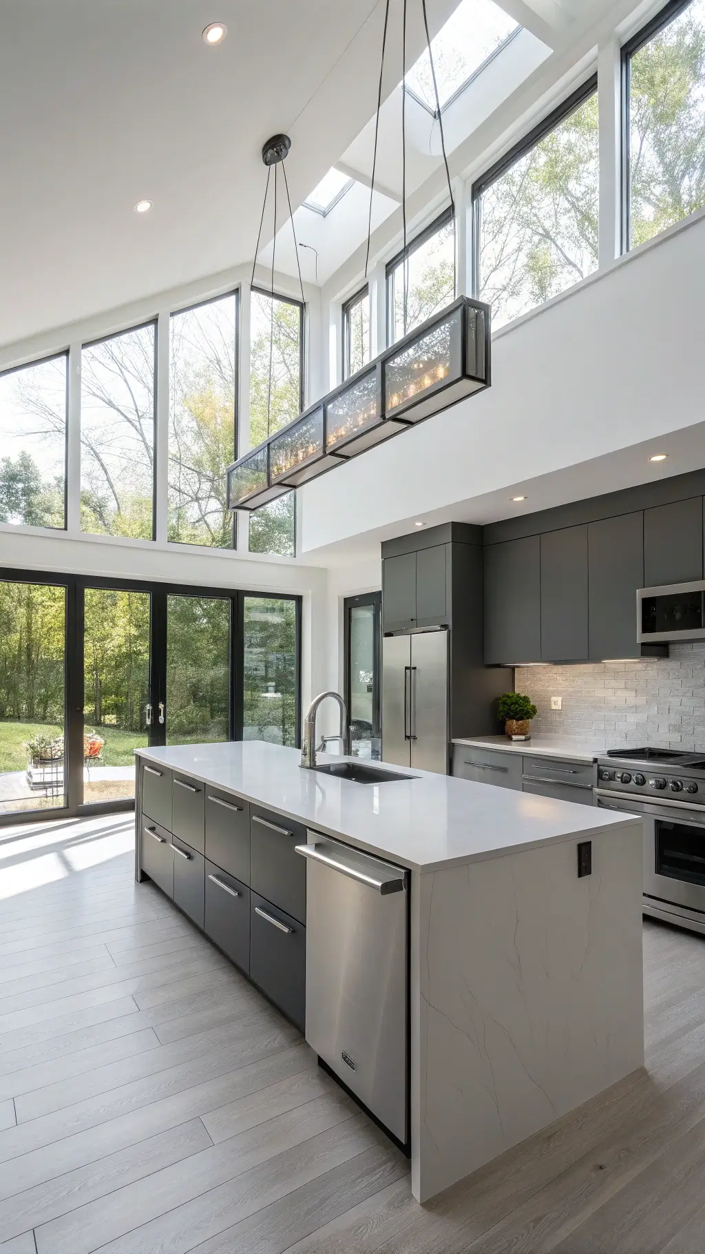 Bright, modern kitchen with sleek graphite cabinets, white quartz island, integrated stainless steel appliances, and geometric pendant lights, enhanced by morning light from floor-to-ceiling windows