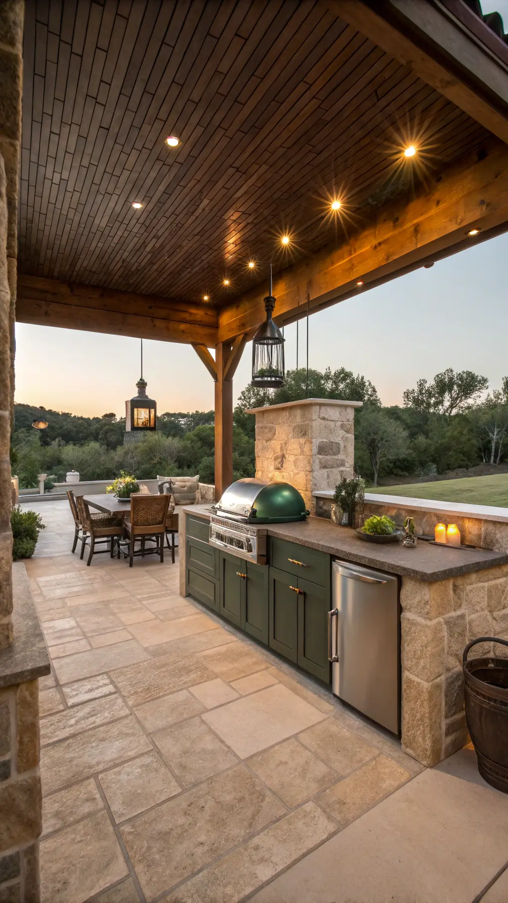 Expansive 20x15ft covered patio at golden hour featuring custom outdoor kitchen with weathered bronze cabinets, Big Green Egg grill, polished concrete countertops, built-in fridge, and prep sink; natural stone accent wall and pendant lighting with amber glow, teak dining set nearby in luxurious, inviting setting.