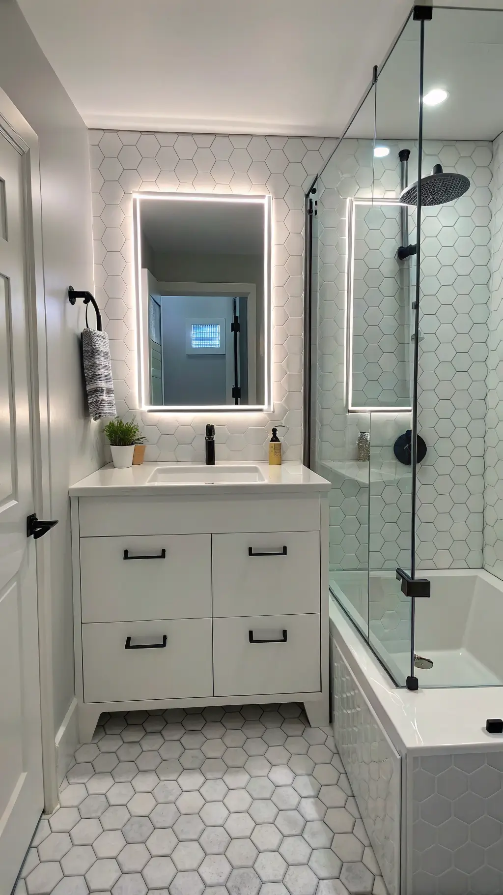 Contemporary 8x12ft bathroom with pearl white aluminum vanity, glass shower, floating cabinet with LED underlighting, pale gray hexagonal floor tiles, backlit mirror, sconce lighting, and matte black fixtures