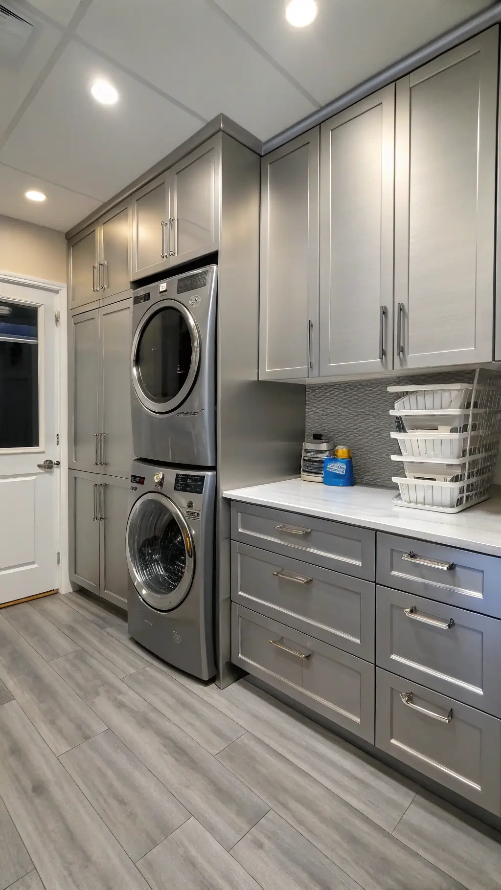 Industrial-chic laundry room with metallic silver aluminum cabinets, stacked washer/dryer, quartz countertop, wire mesh cabinet inserts, chrome hardware, and warm gray vinyl plank flooring, shot at a 45-degree angle in bright, even lighting.