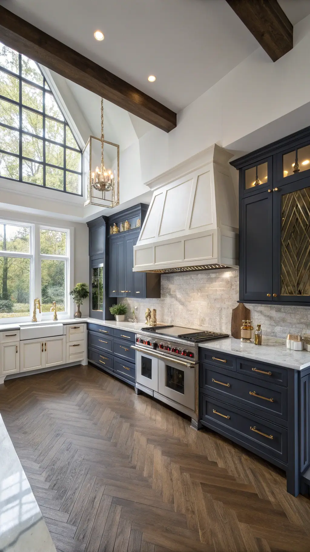 Luxurious 18x22ft chef's kitchen with 12ft high ceilings, two-tone navy and champagne metallic cabinets, marble backsplash, brass fixtures, and herringbone wood floors under mixed lighting.