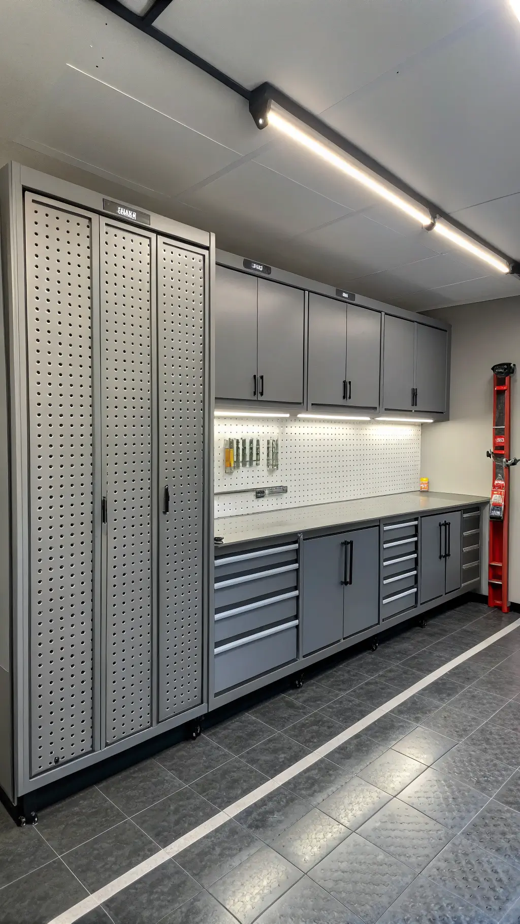 Corner view of a highly organized 24x24ft garage workshop featuring an industrial gray aluminum cabinet system, pegboard tool storage wall, mobile workbench, slate epoxy floor, and LED strip lighting under cabinets.