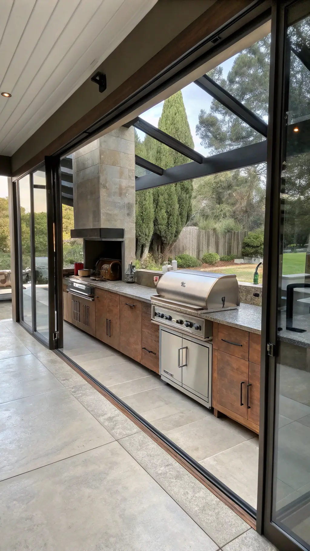 Open-concept indoor-outdoor kitchen fusion with sliding glass walls, bronze aluminum cabinets, concrete countertops, built-in pizza oven and grill station, and teak accents, illuminated by natural and architectural lighting.