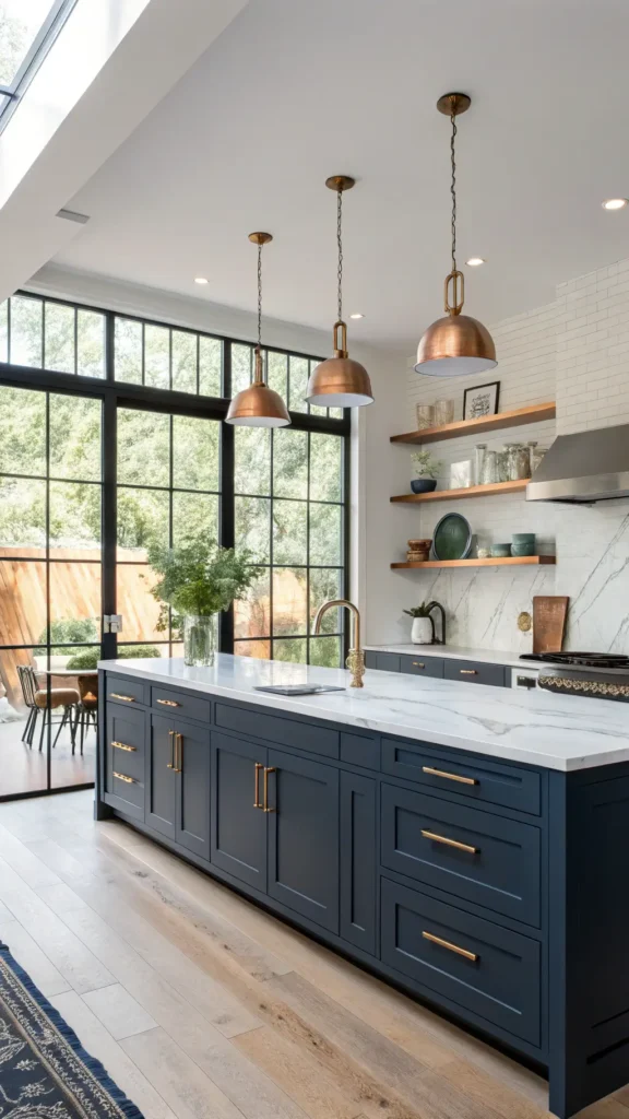 "Contemporary kitchen with morning sunlight through floor-to-ceiling windows, navy blue cabinets, white Carrara marble countertops, and a matching island with pendant lights and copper cookware on open shelves."