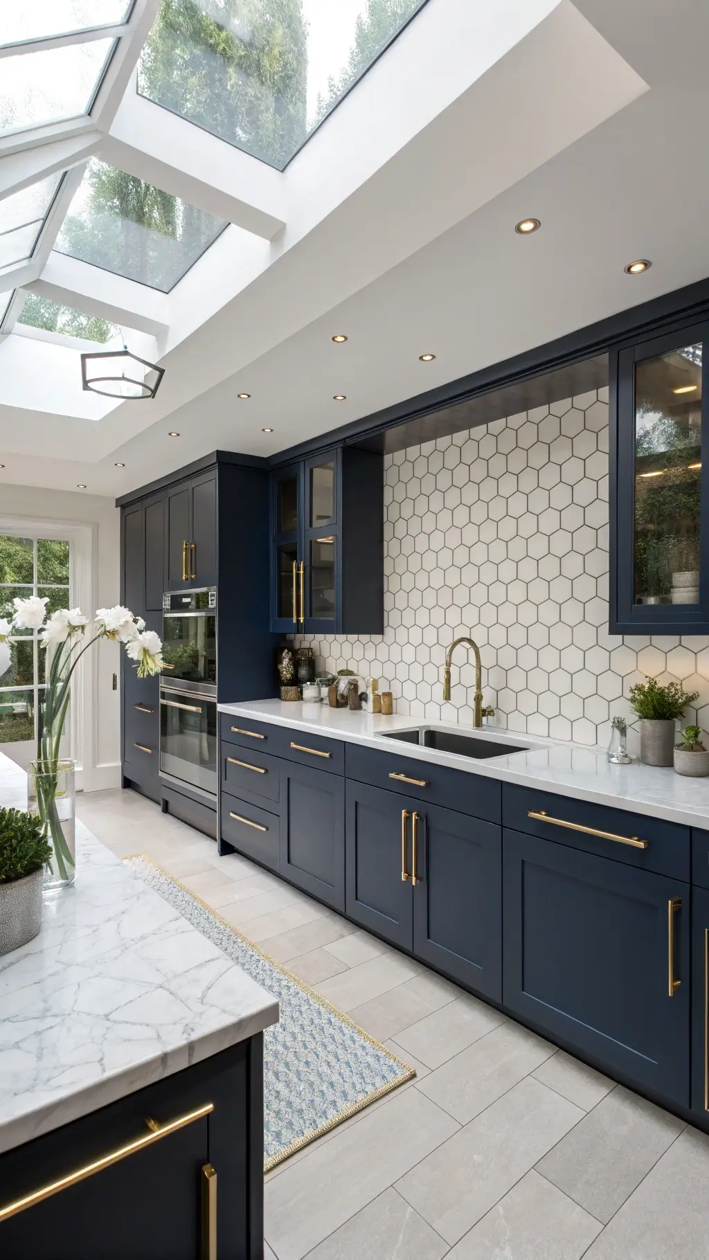 Bright contemporary kitchen with high-gloss navy cabinets, gold geometric handles, white hexagonal tile backsplash, under-cabinet LED lighting, and black matte accessories, under a midday skylight.