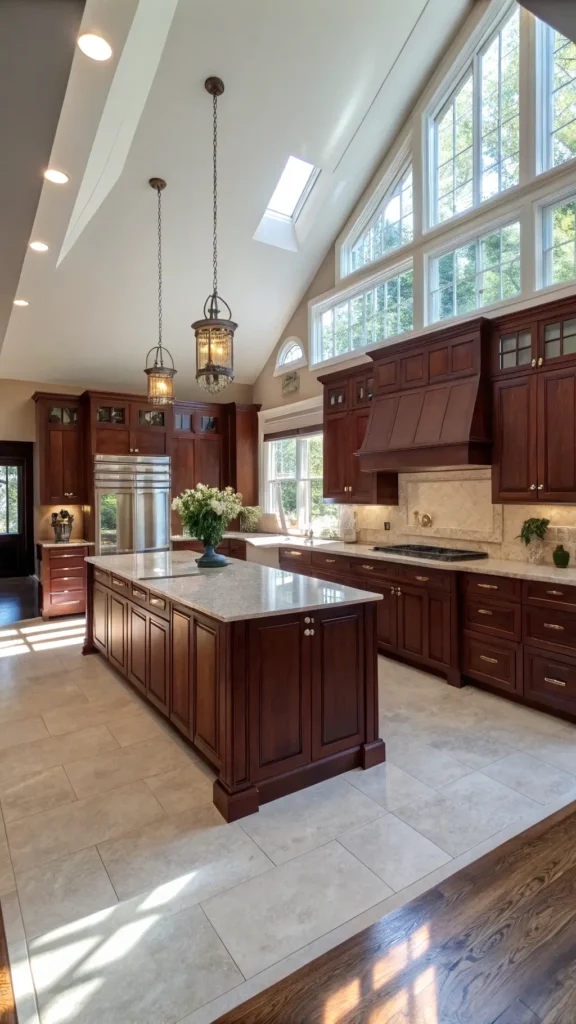 "Sunlit expansive 12x15ft kitchen with 10ft ceilings showcasing burgundy cherry wood Shaker-style cabinets, white quartz countertops, a center island with brass pendant lights, and a ceramic vase with eucalyptus, shot from a corner position."