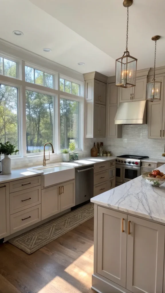 "Modern kitchen with Edgecomb Gray cabinets, Carrara marble countertops, white oak floors, and stainless steel appliances, illuminated by morning sunlight through large windows"
