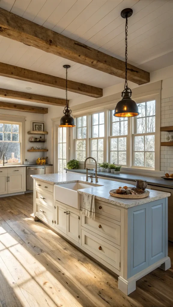 Sun-drenched farmhouse kitchen with cream-colored shaker cabinets, white oak flooring, farmhouse sink, distressed blue-gray island, reclaimed wooden shelves, exposed ceiling beams, and bronze pendant lights.