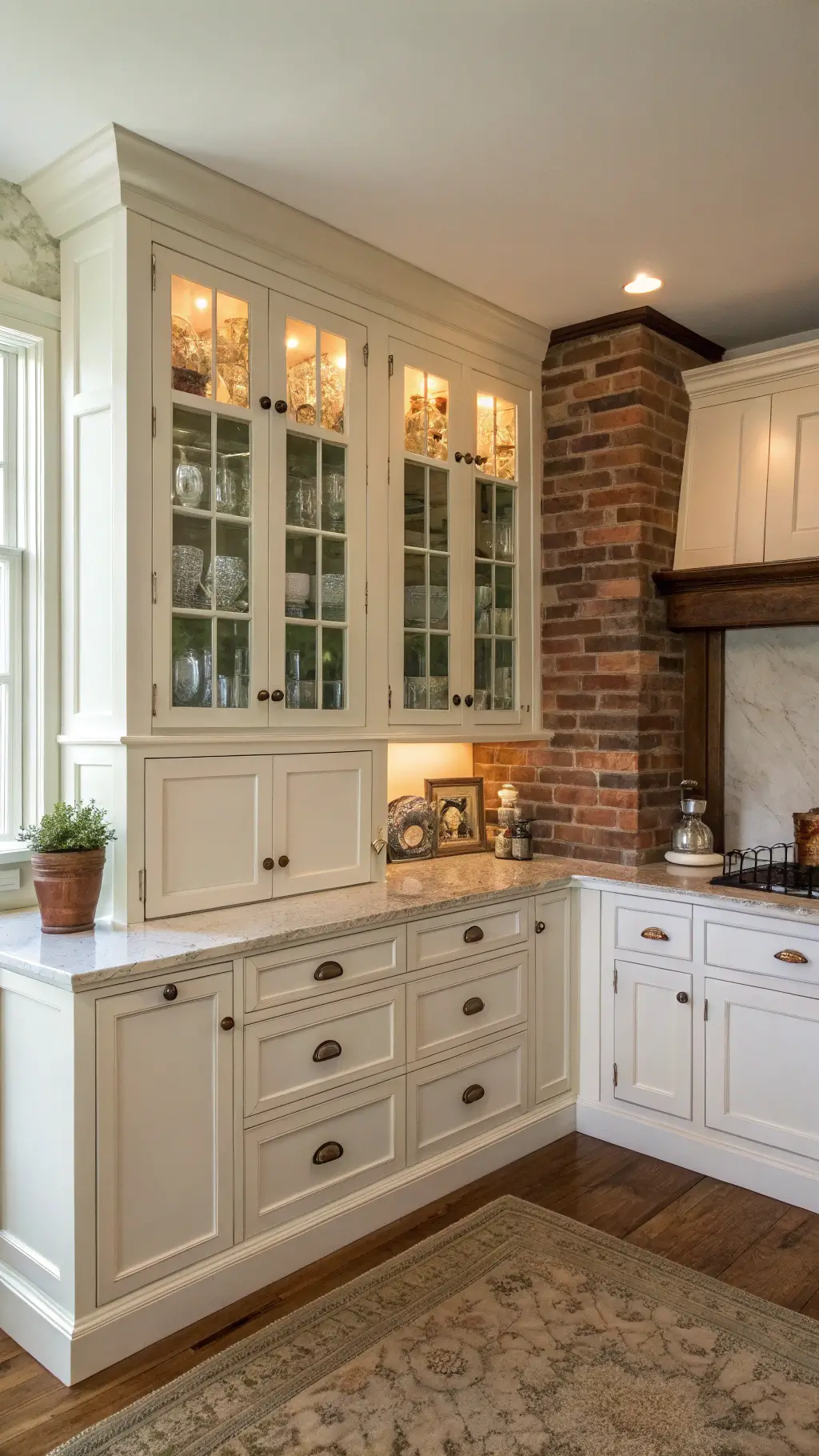 Sunlit 16x16ft corner kitchen with white raised-panel cabinets, soapstone counters, glass-front upper cabinets filled with vintage glassware, and an exposed brick chimney for architectural allure.
