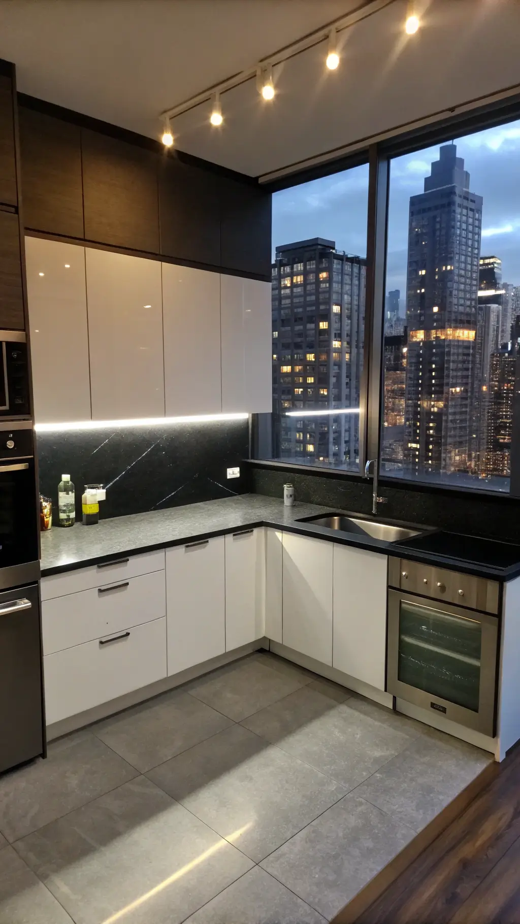 Overhead view of a compact urban apartment kitchen with glossy black upper cabinets, matte white lower cabinets, a floating black stone peninsula, and stainless steel backsplash reflecting evening city lights. Features include LED strip lighting, geometric sculptures, metallic accents, and polished concrete floors for an industrial vibe.