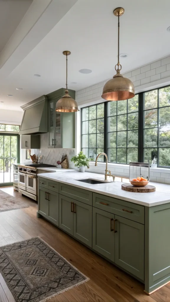 "Spacious 12x15ft kitchen with morning light streaming through floor-to-ceiling windows, featuring olive green shaker cabinets, white Carrara marble countertops, a 6ft island with brass pendant lights, styled with copper cookware, white ceramic vases with eucalyptus, wooden cutting boards and walnut hardwood floors."
