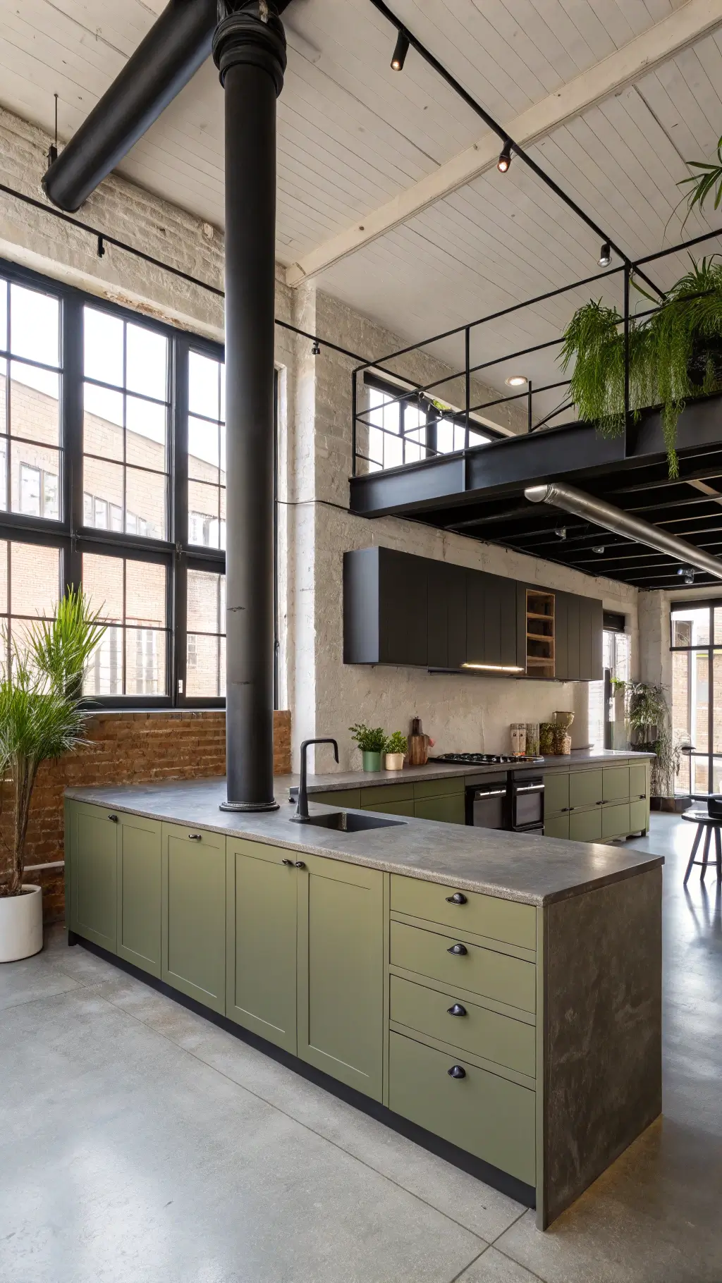 Midday view of an urban loft kitchen with olive green metal cabinets, black steel details, polished concrete floors, a concrete island, black fixtures, exposed ductwork. Styled with modern ceramics and plants.
