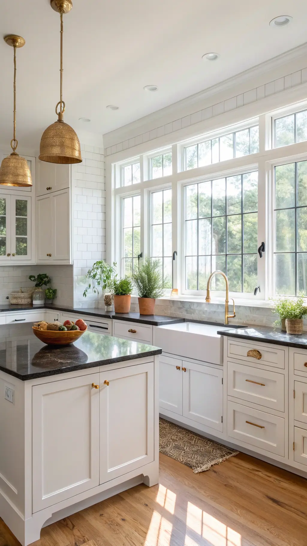 Morning sunlight illuminating a modern farmhouse kitchen with white Shaker cabinets, high-end vintage copper cookware, a marble-topped island, and fresh herbs on the windowsill