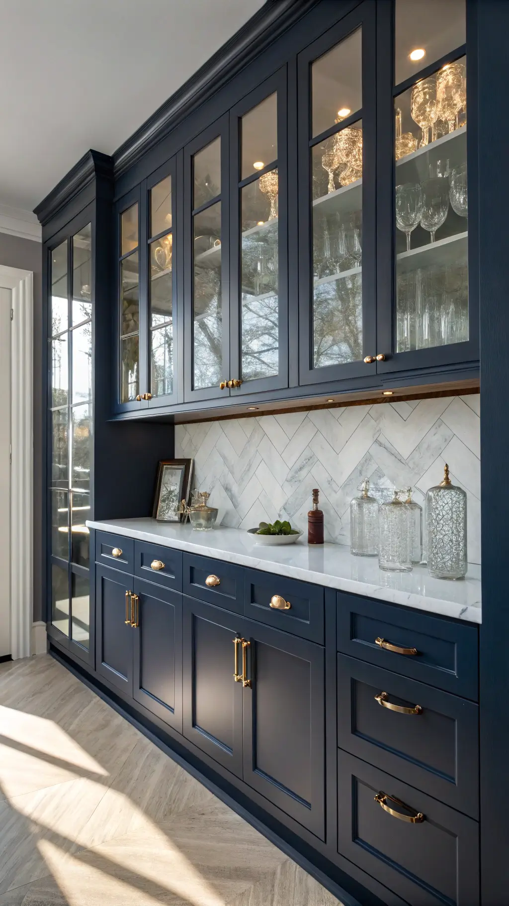 Butler's pantry with navy blue Shaker cabinets, white quartz countertops, herringbone marble backsplash, and displayed vintage glassware in afternoon sunlight.