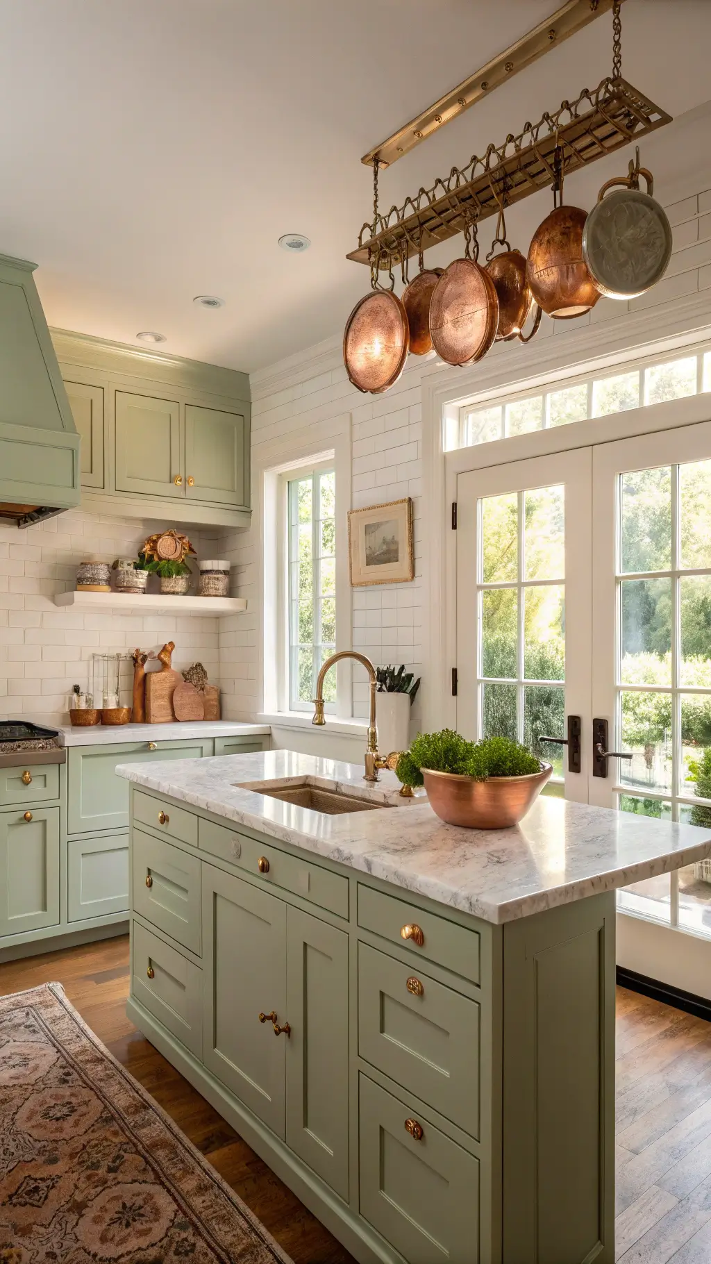 Traditional 14x16ft kitchen with sage green Shaker cabinets, cream island with marble top, white subway tile backsplash, copper cookware on pot rack, and French doors revealing garden view in warm, golden hour lighting.