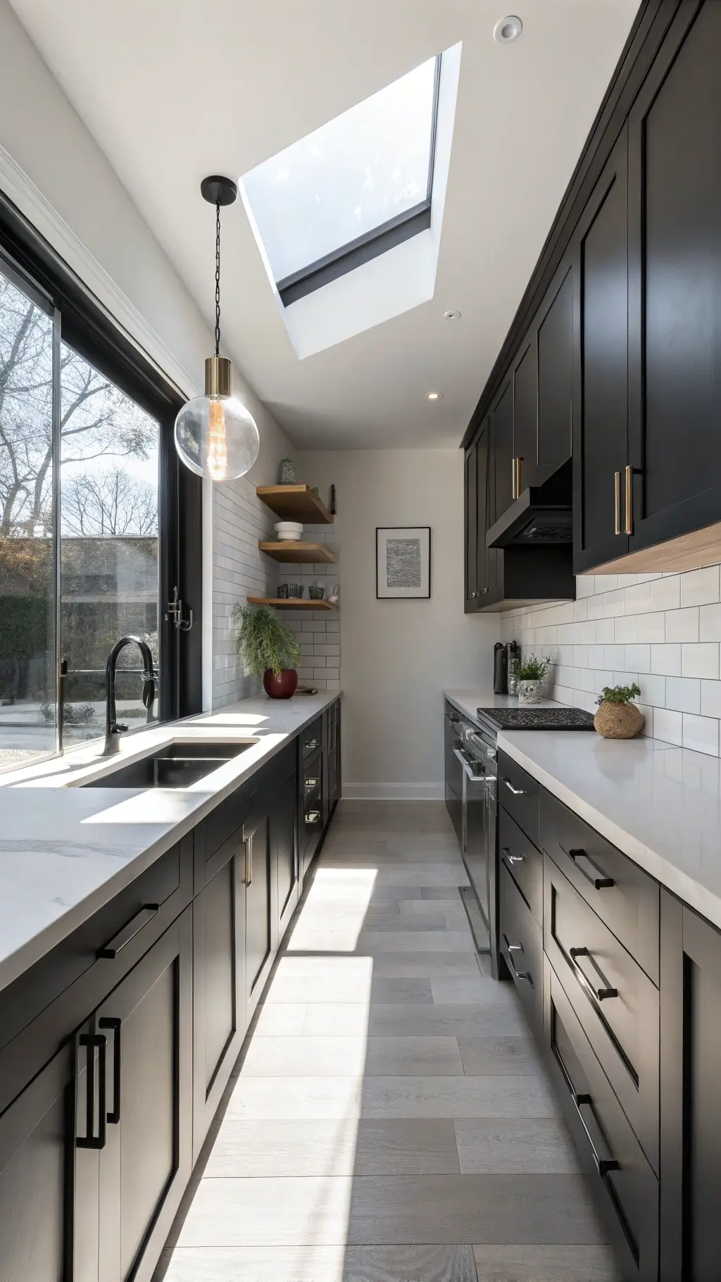 Minimalist galley kitchen with matte black Shaker cabinets, stainless steel handles, white countertops, and dramatic lighting from a skylight, viewed from one end